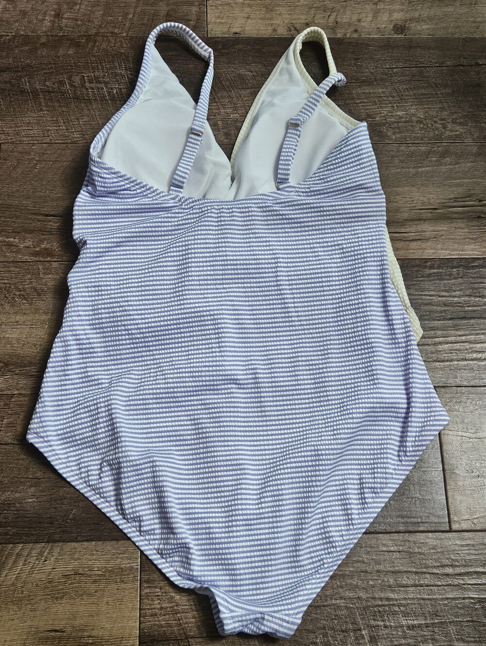 Striped Blue & Pale Yellow Gingham One-Piece Wrap Swimsuit - XL - Picture 4 of 5